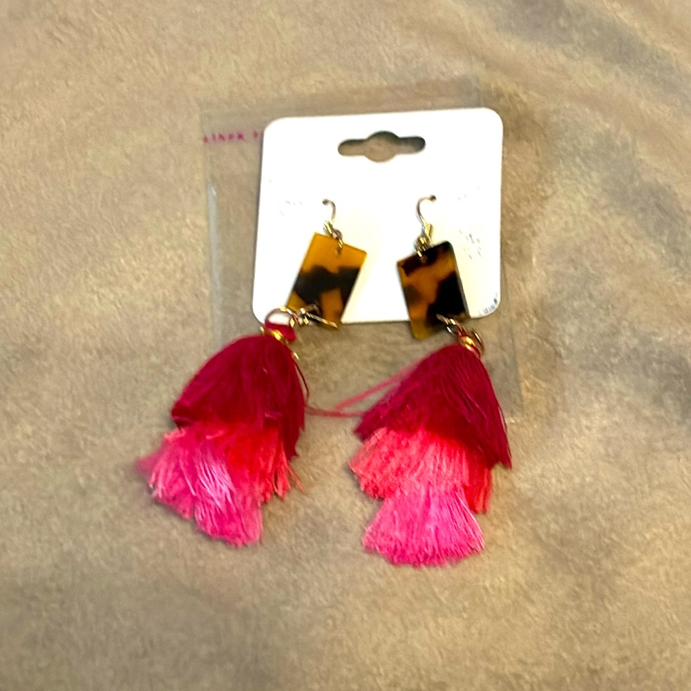 BRAND NEW BROWN SQUARE LEOPARD WITH TRICOLOR PINK TASSEL EARRINGS